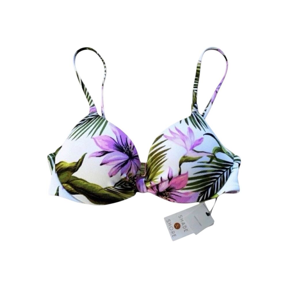 Shade & Shore Women Purple Green Tropical Floral Swimsuit Bikini Top  Size 32B